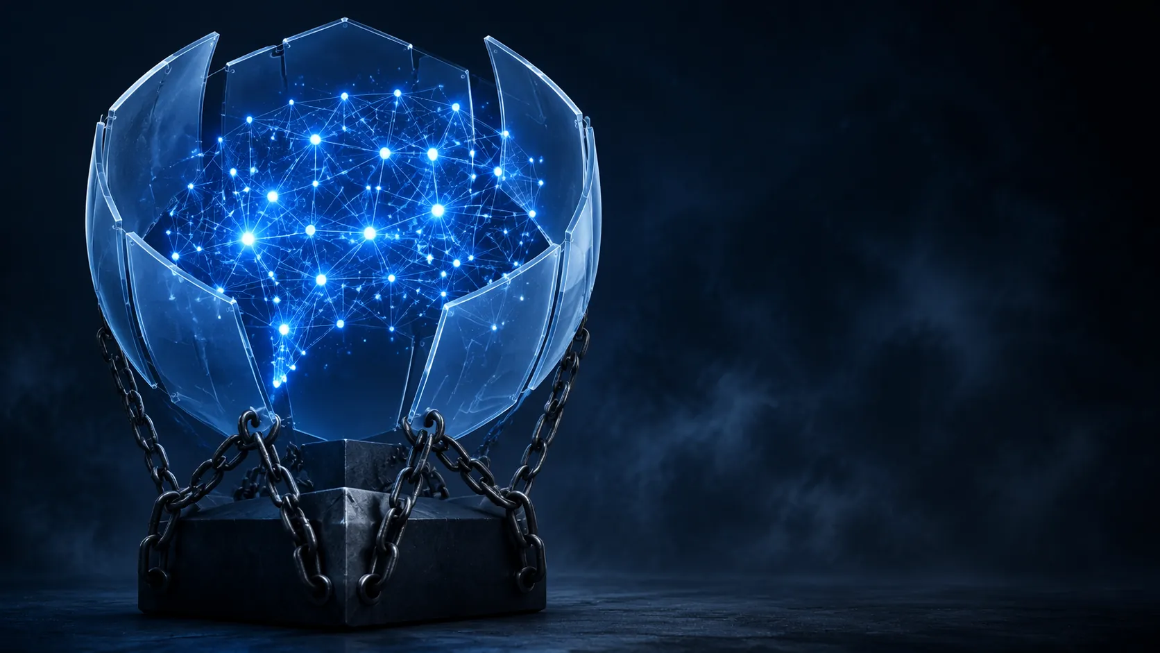 Abstract AI network shielded by translucent panels and chained to a heavy anchor block