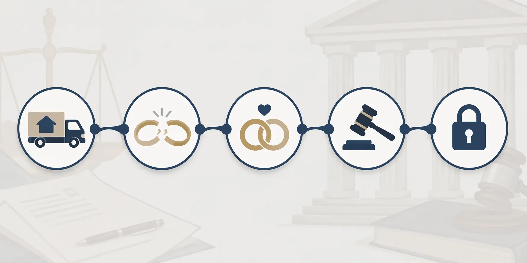 Infographic flow showing relocation, divorce, remarriage, civil litigation, and evidence-control motion