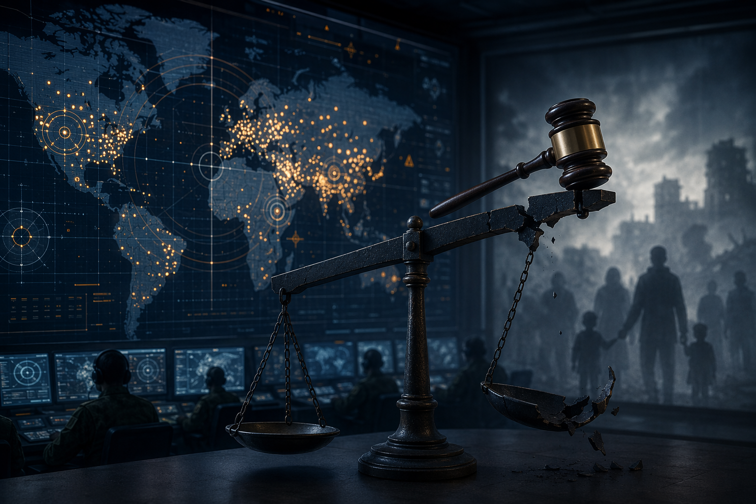 Military command center with a digital targeting map and a broken scale of justice