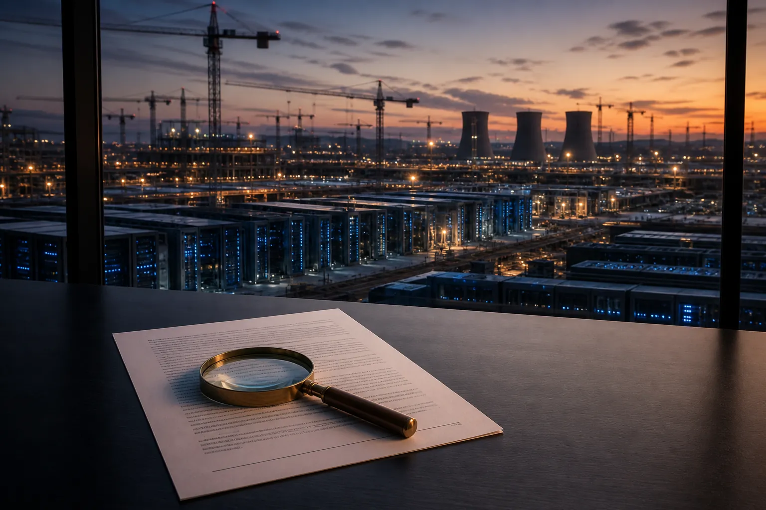 Legal document and magnifying glass in front of a cloud data center construction site