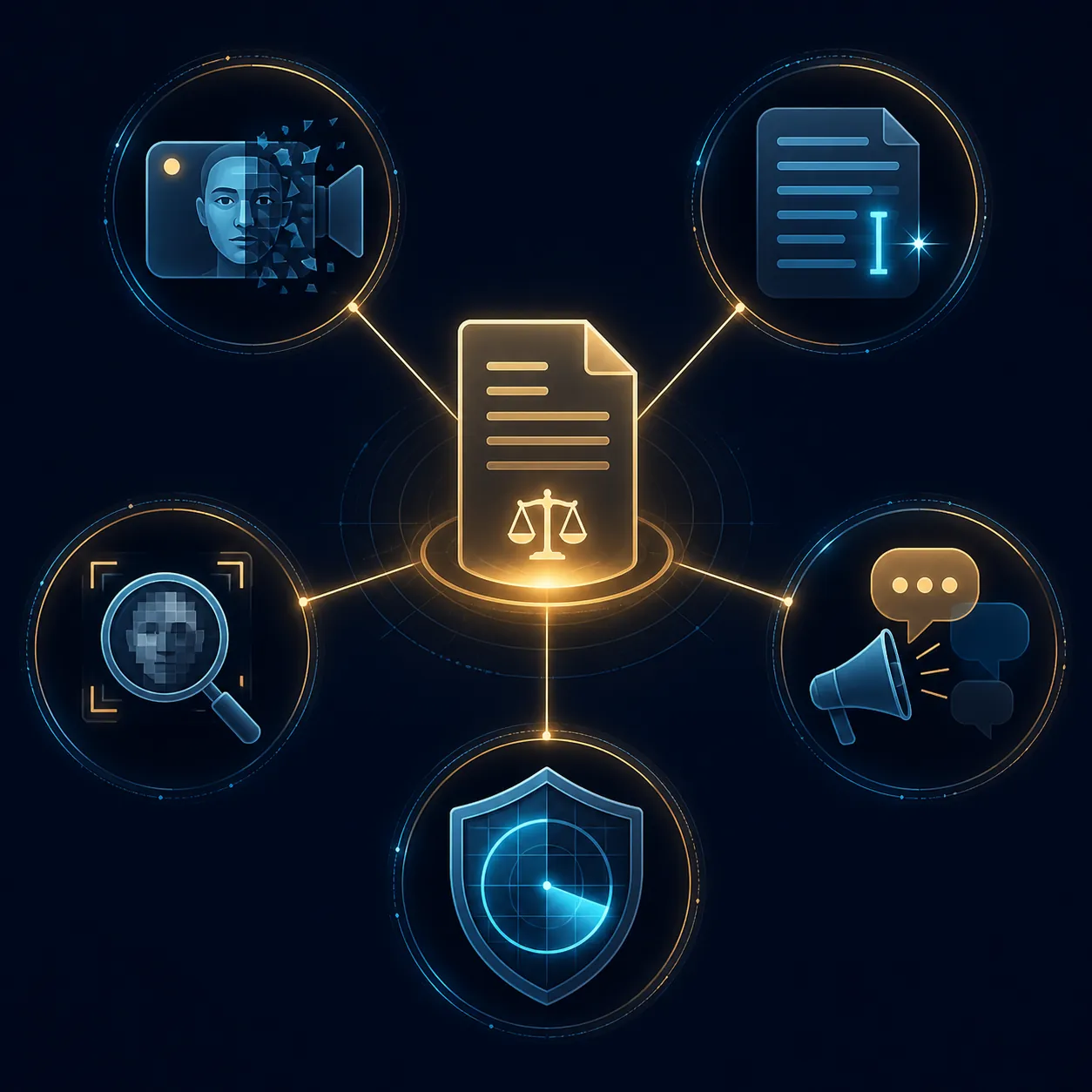 Glowing document connected to icons for face analysis, writing, identification, amplification, and security scanning