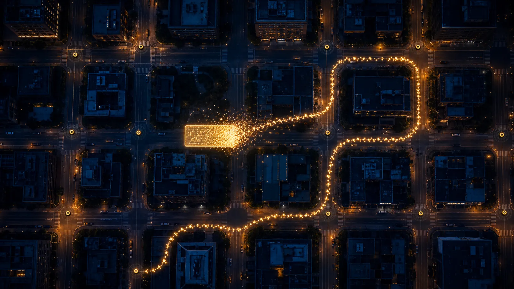 City street grid with a license-plate-shaped data trail winding through camera nodes