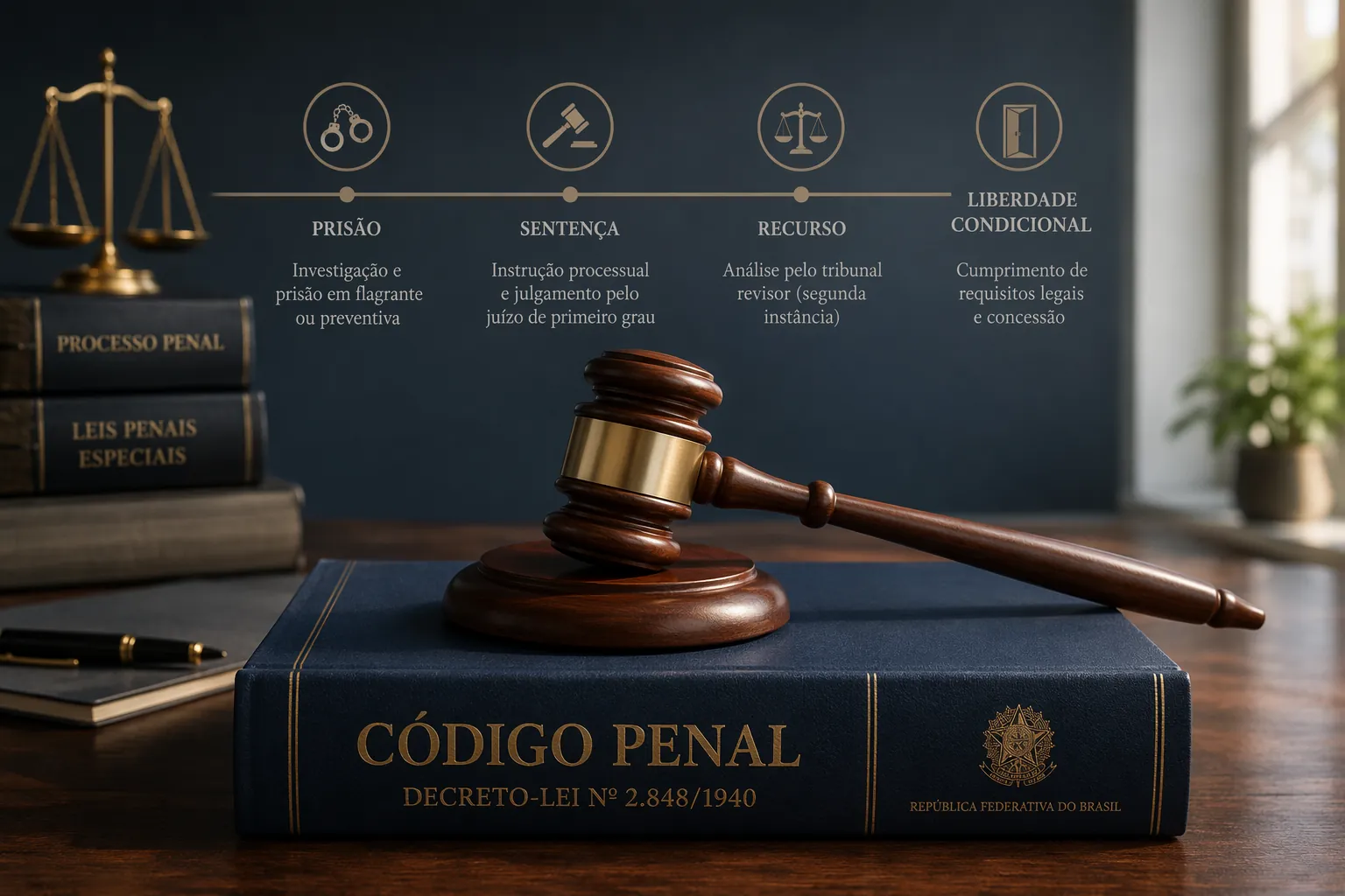 Brazilian Penal Code book and gavel used to illustrate legal sentencing analysis