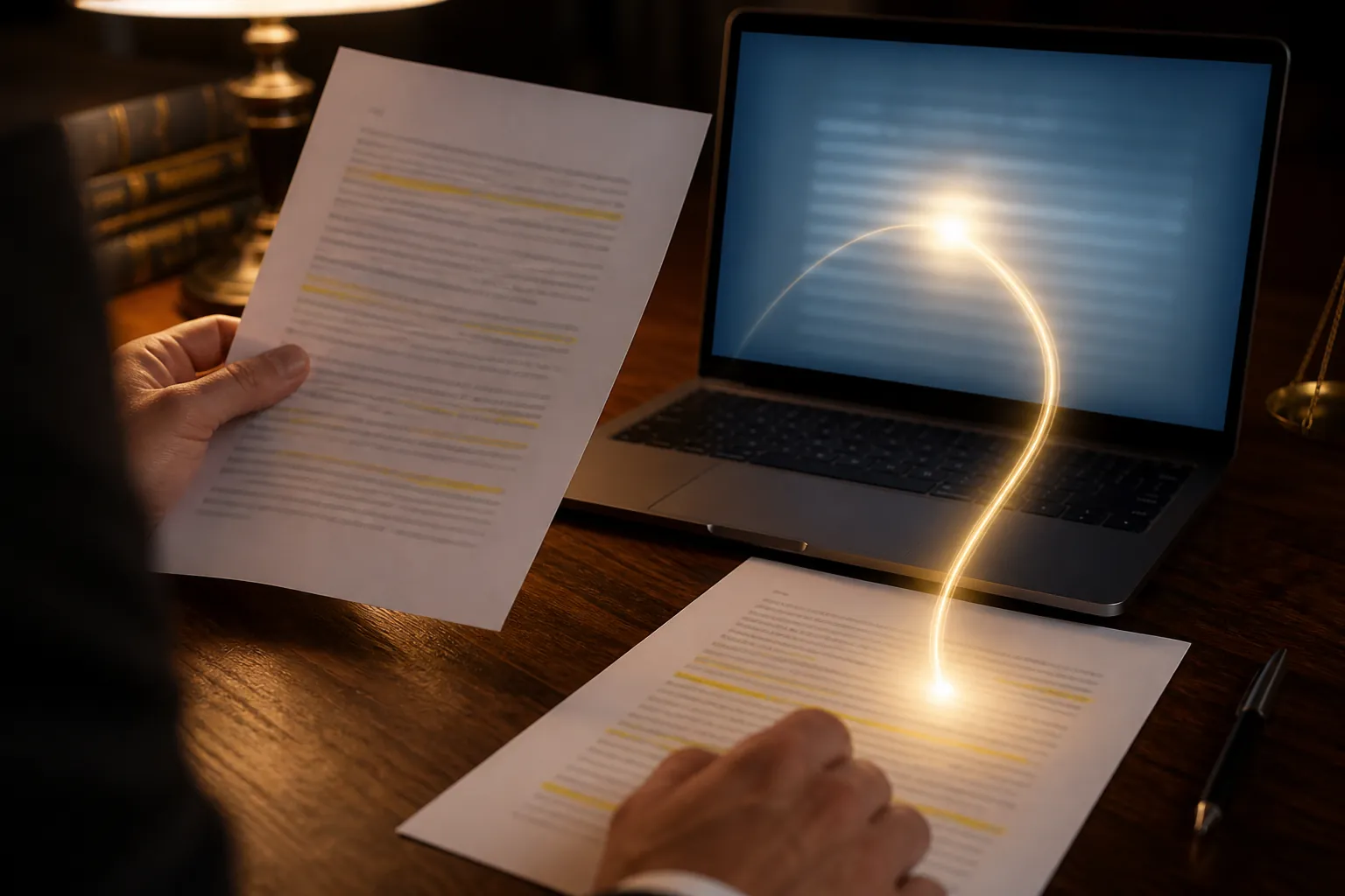 Lawyer reviewing a highlighted legal document beside a laptop with a light arc connecting the AI output to a printed source
