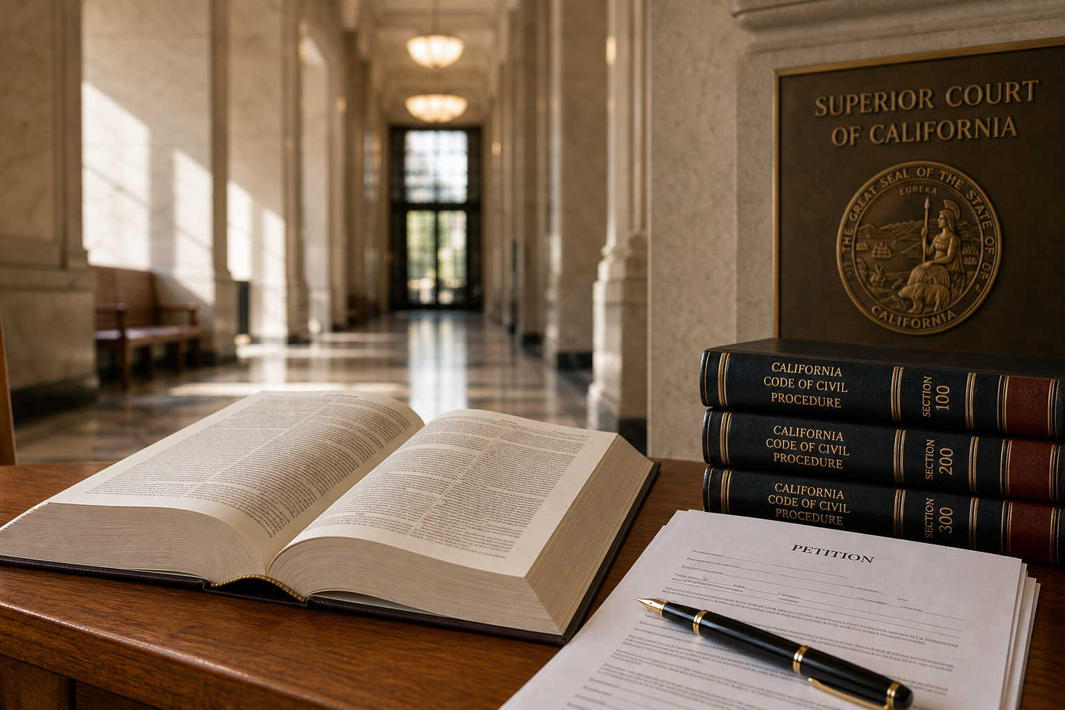California courthouse hallway with an open law book, petition document, and fountain pen