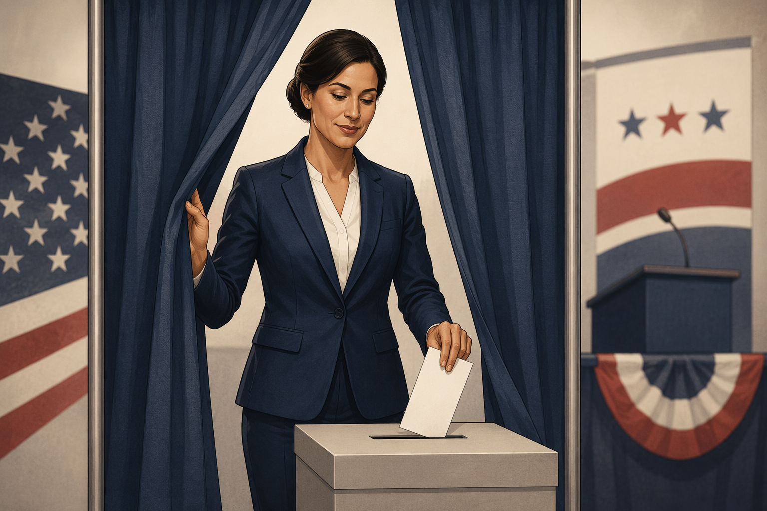 Candidate holding a ballot near a voting booth and ballot box