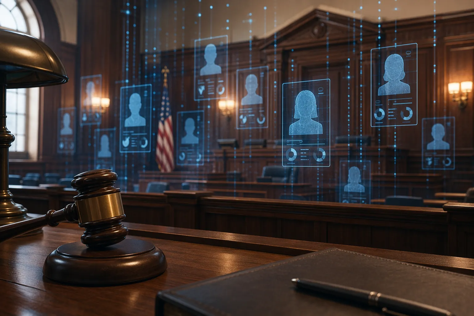 Modern courtroom viewed from the jury box with holographic juror profile cards and data streams above the courtroom well