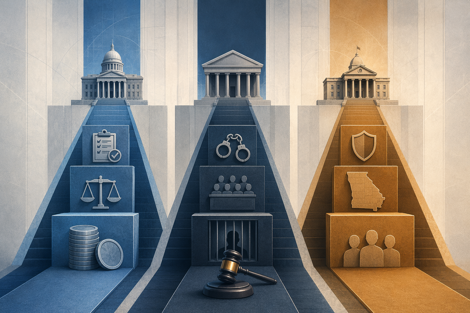 Three abstract vertical columns representing separate enforcement tracks