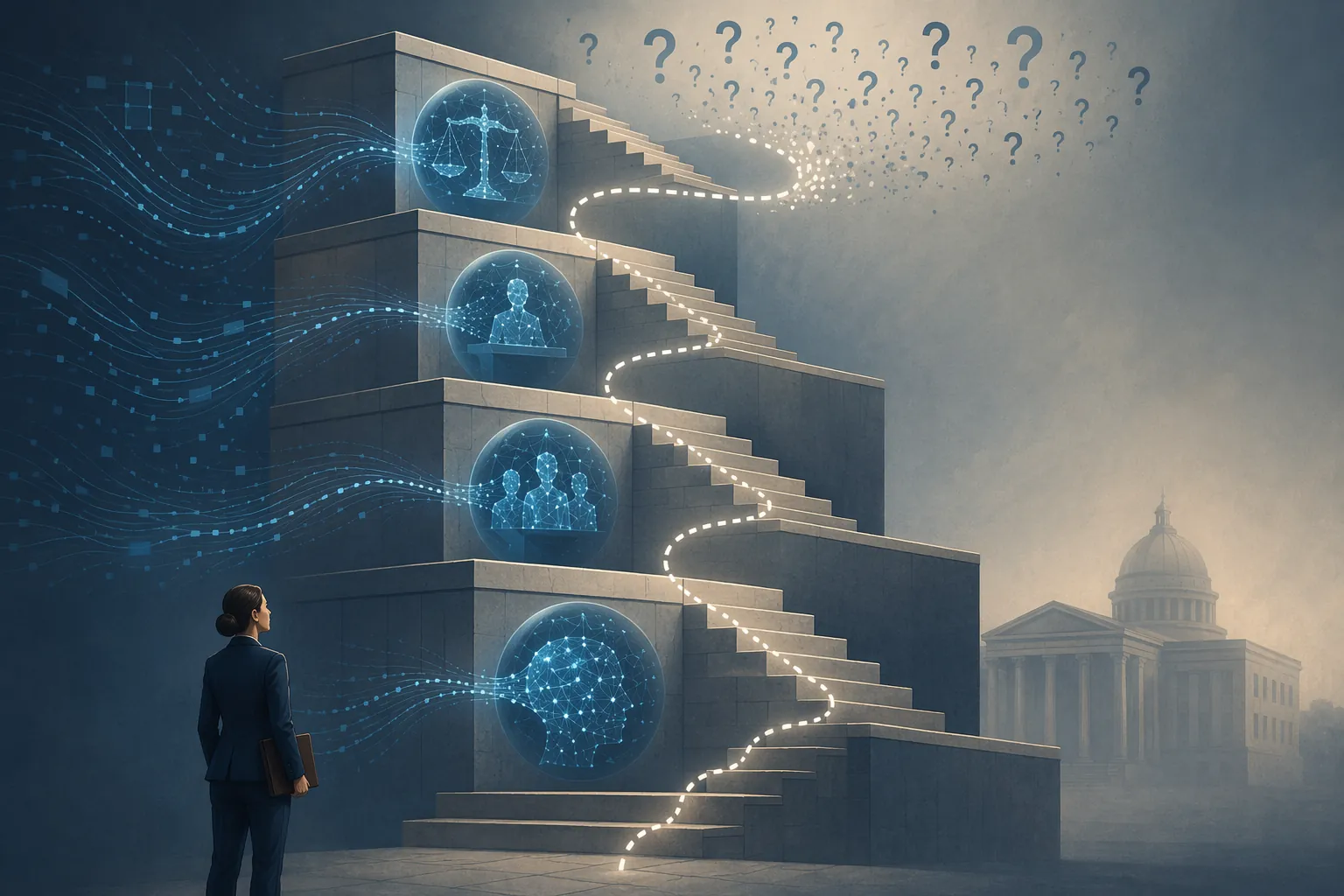Four-level SSA appeals staircase with AI nodes and a practitioner trying to trace a fading trail