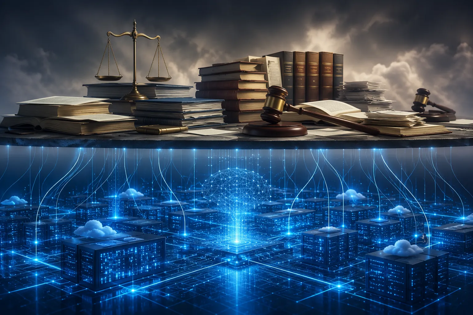 Cloud infrastructure layer beneath legal books, documents, and a gavel connected by luminous threads