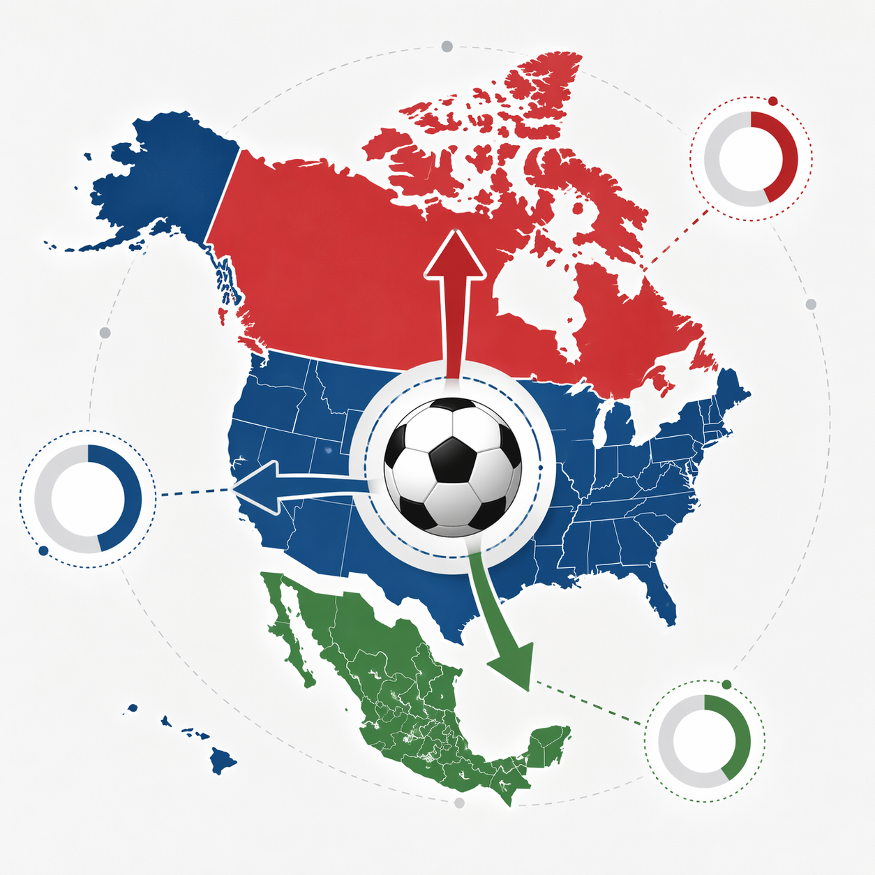 Soccer ball with arrows allocating prize money among the United States, Canada, and Mexico