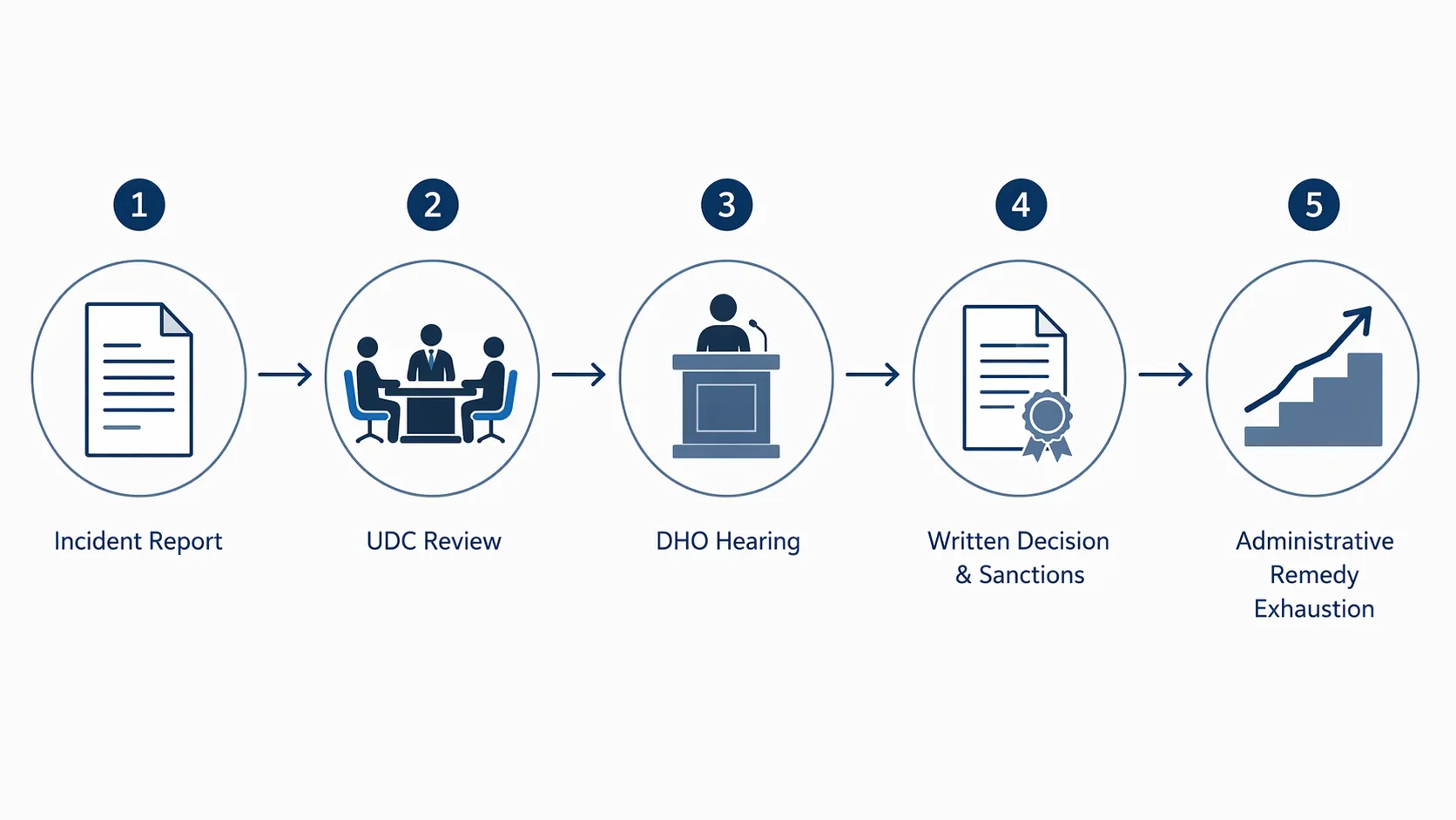 Five-step disciplinary process diagram from report to appeal