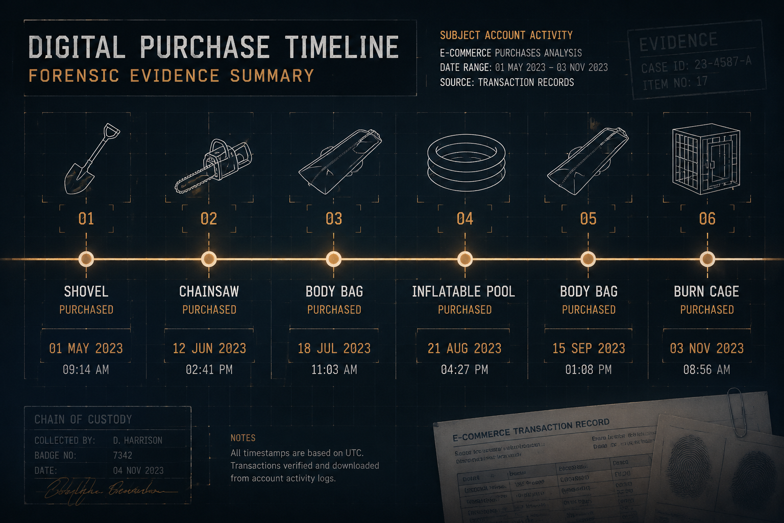 Forensic timeline showing digital purchase records for a shovel, chainsaw, body bag, inflatable pool, and burn cage