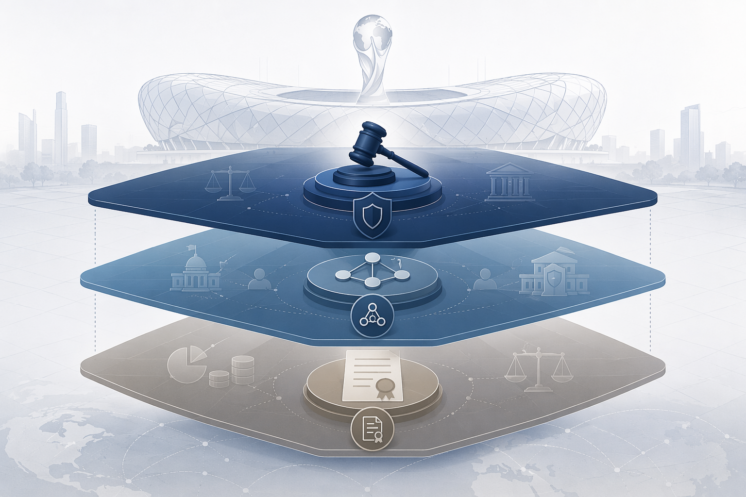 Layered legal frameworks for World Cup security operations shown above a stadium silhouette