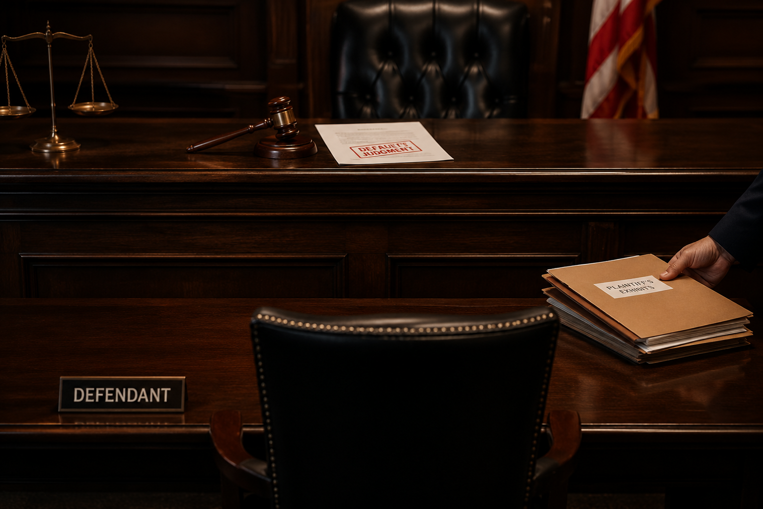 Courtroom scene with default judgment document, gavel, and empty defendant's chair