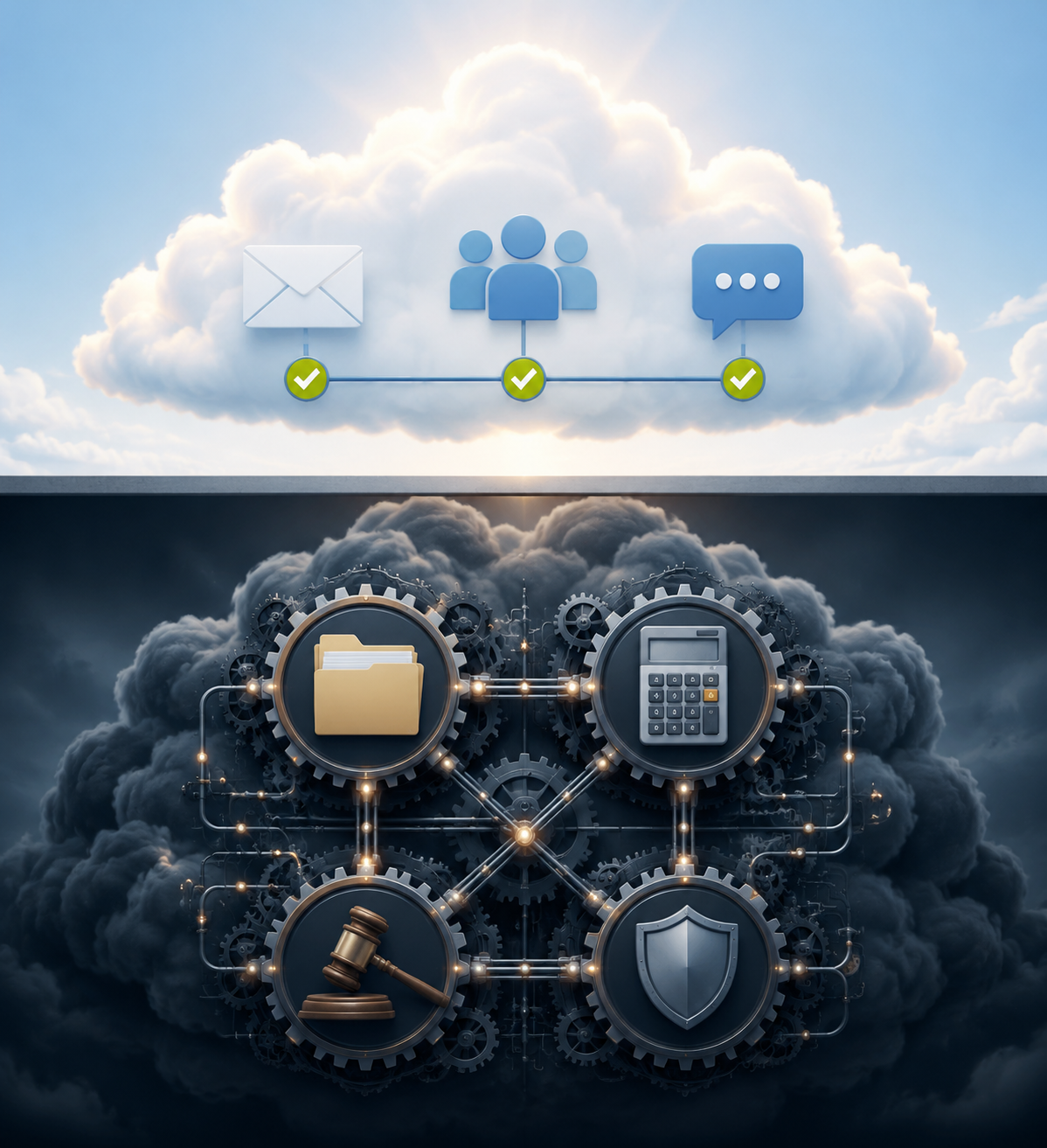 Split illustration contrasting completed email and collaboration cloud migration with complex legal-system cloud migration