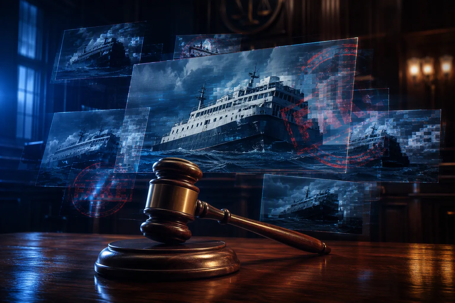 Gavel with glitching AI-generated shipwreck fragments and warning lights