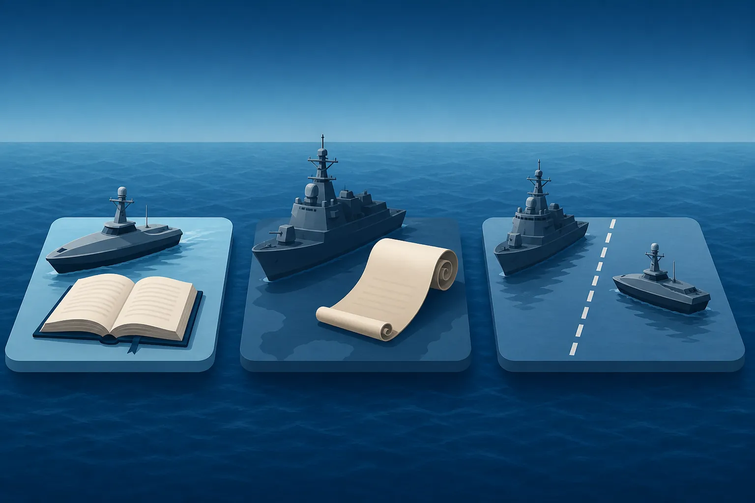 Editorial graphic showing an uncrewed vessel, a warship, and legal documents as separate maritime-risk panels