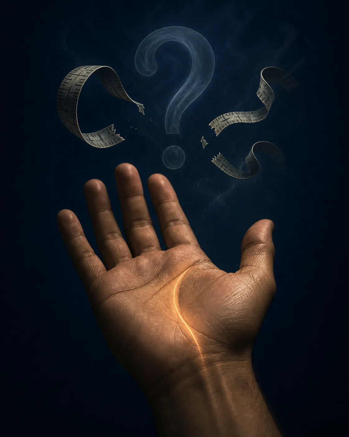 Close-up ng palad na may glowing life line, question mark, at sirang measuring tape