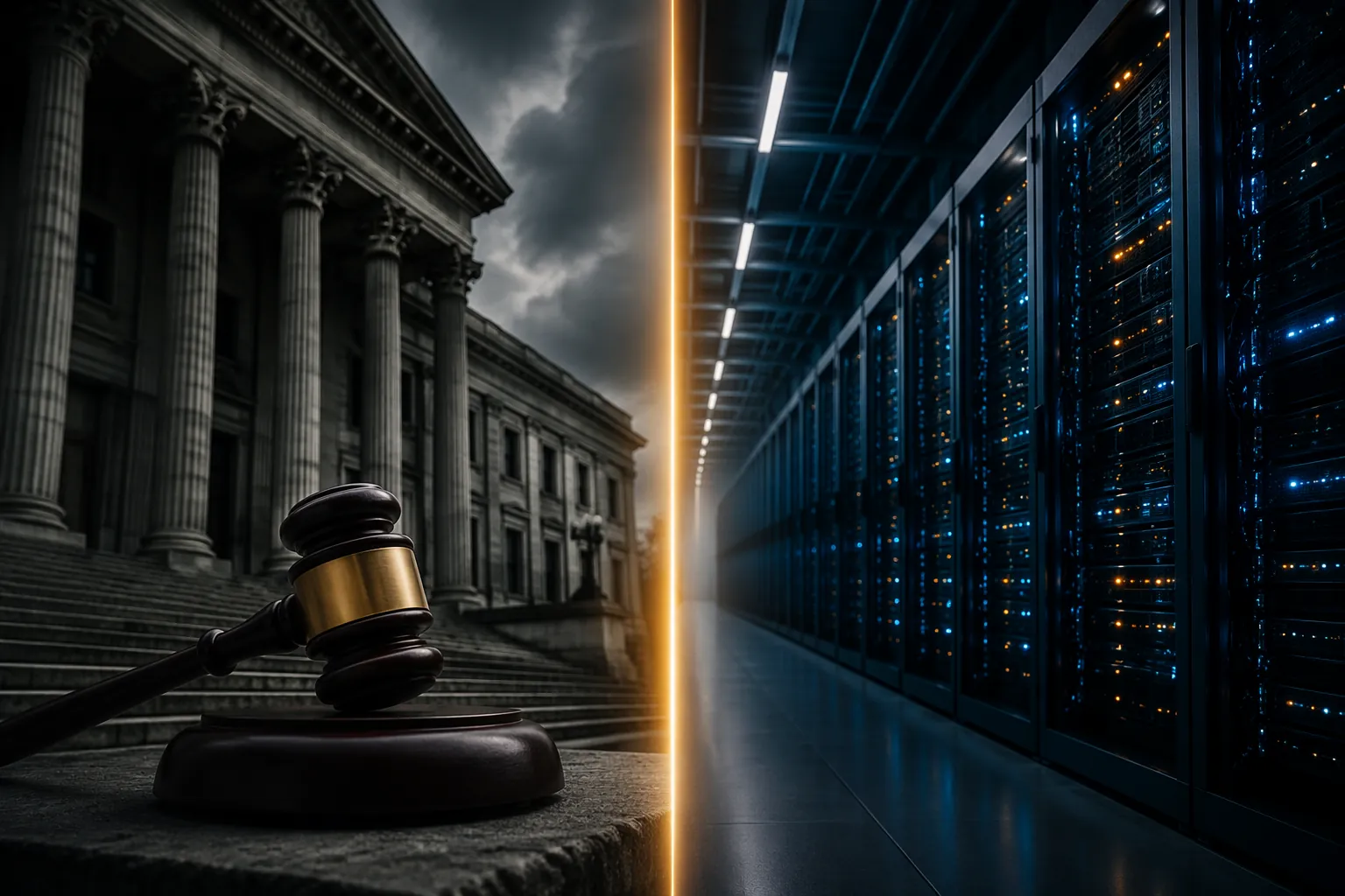 Government building and gavel split against glowing data center server racks