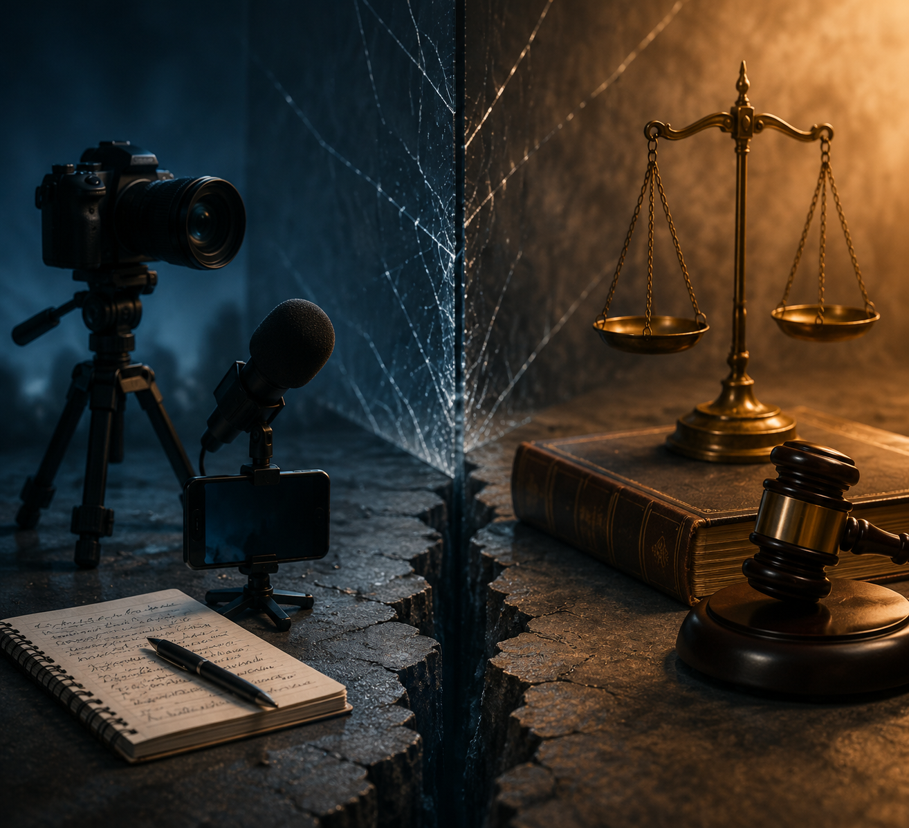 Conceptual illustration of journalist tools separated by a cracked divide from legal symbols