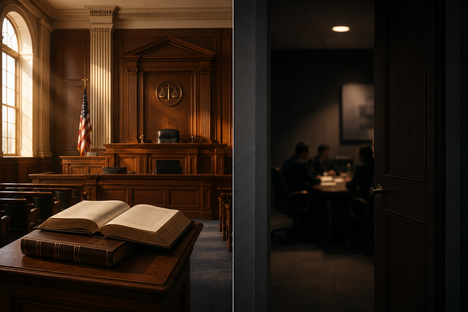 Split courtroom and closed conference room showing public proceedings versus private arbitration.