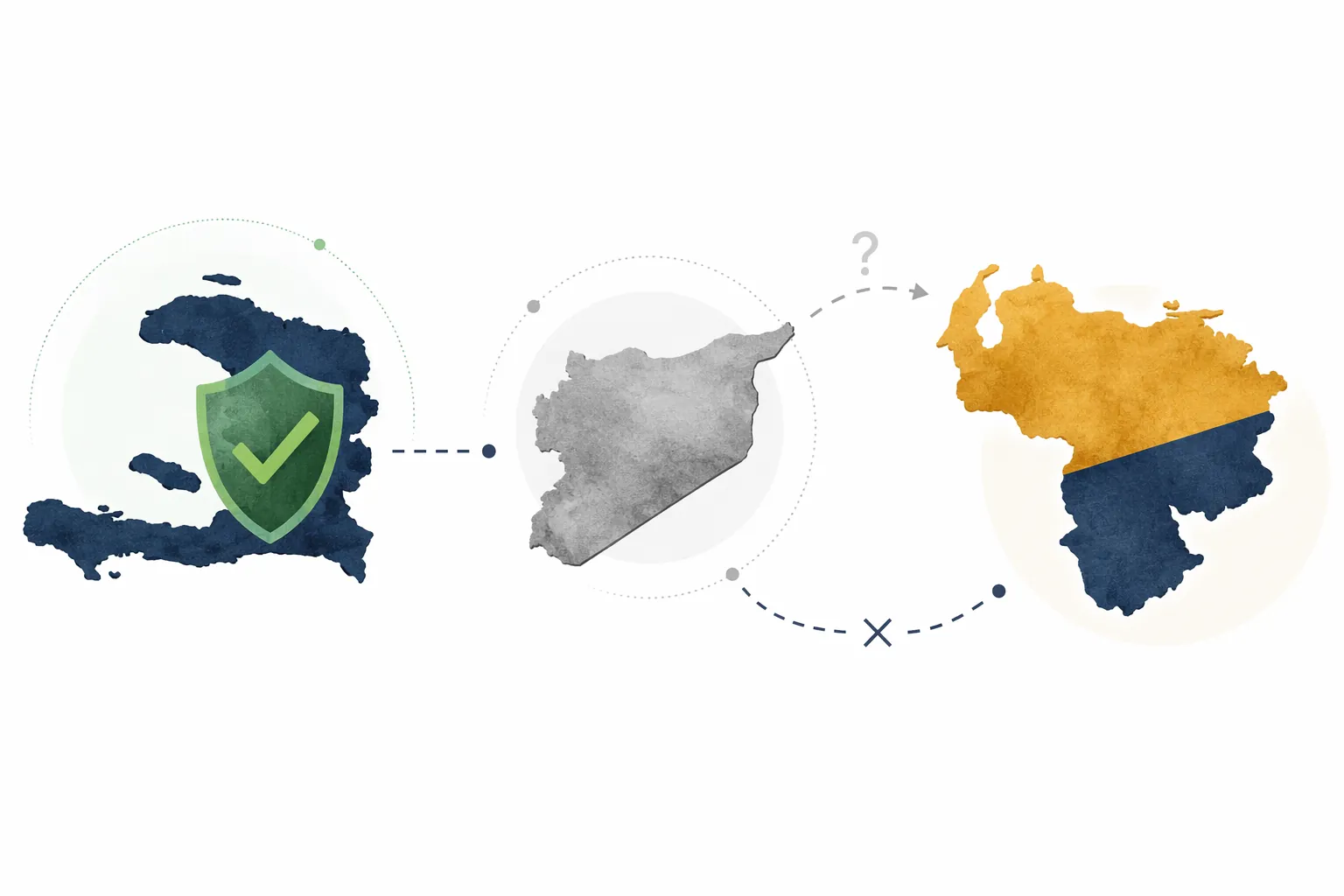 Abstract country silhouettes showing protected, uncertain, and partially covered status categories