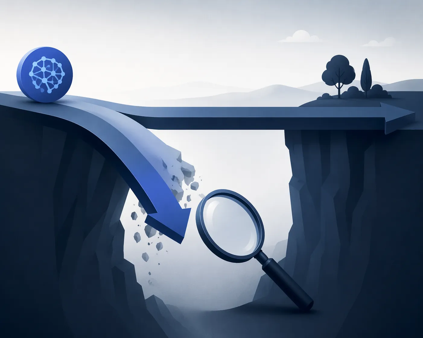 Abstract illustration of two diverging paths with a widening gap and magnifying glass symbolizing increased verification effort