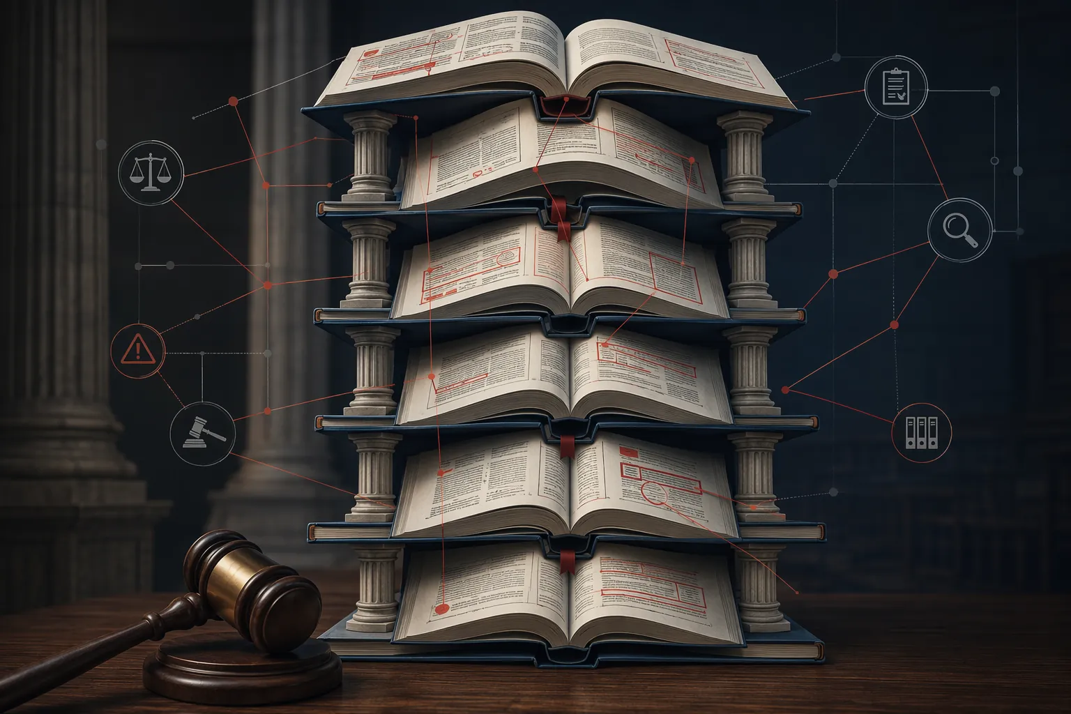 Open legal rule books and compliance manuals arranged like structural pillars with red annotations and a gavel nearby