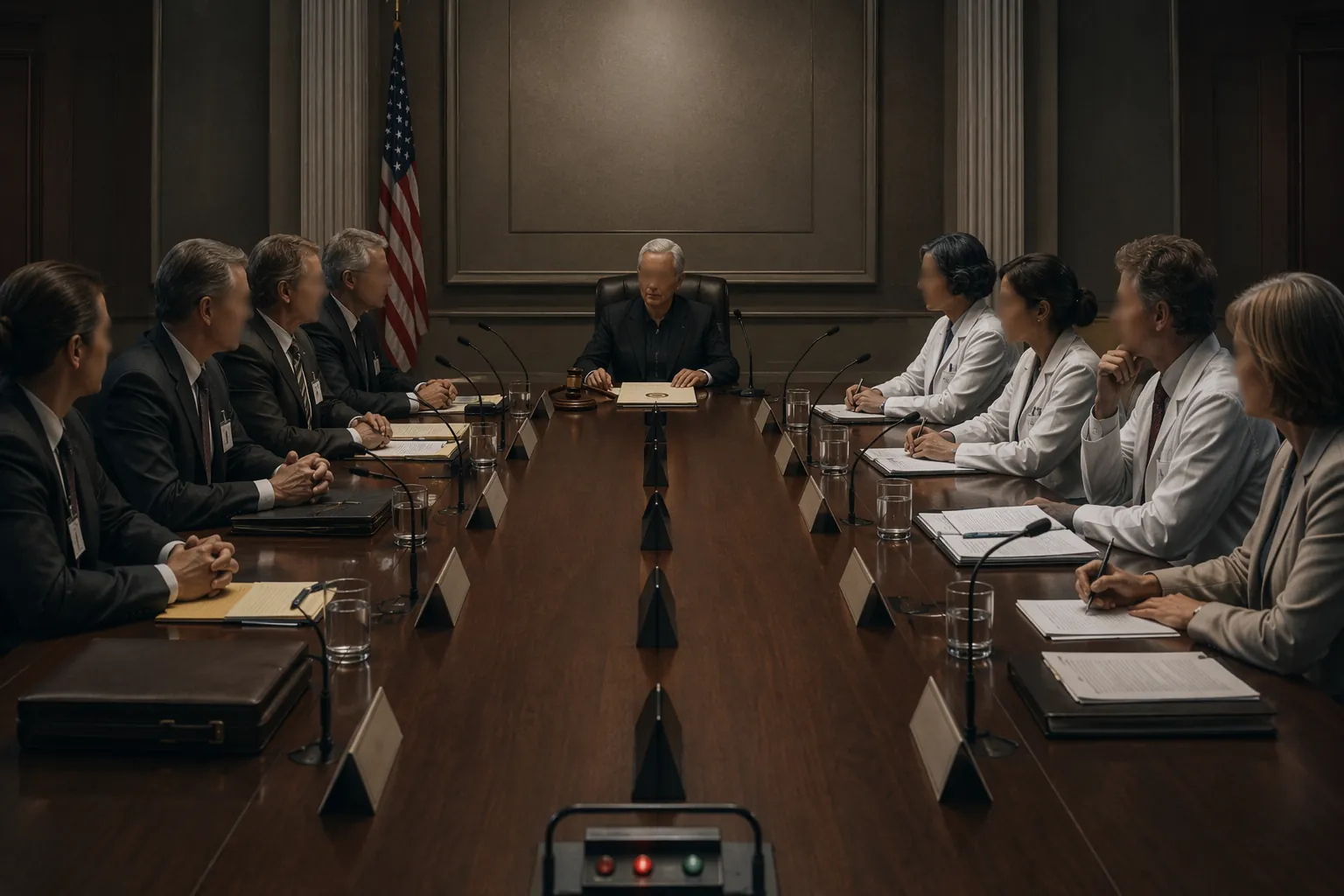 Official advisory committee room showing tension between industry-aligned members and FDA staff scientists
