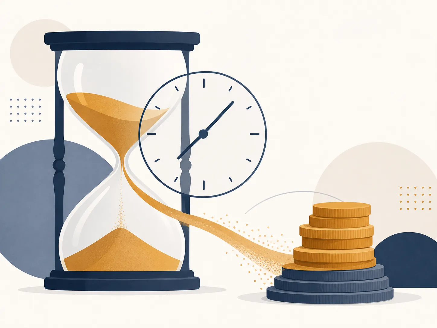 Hourglass pouring sand into stacked coins with an overlapping clock face