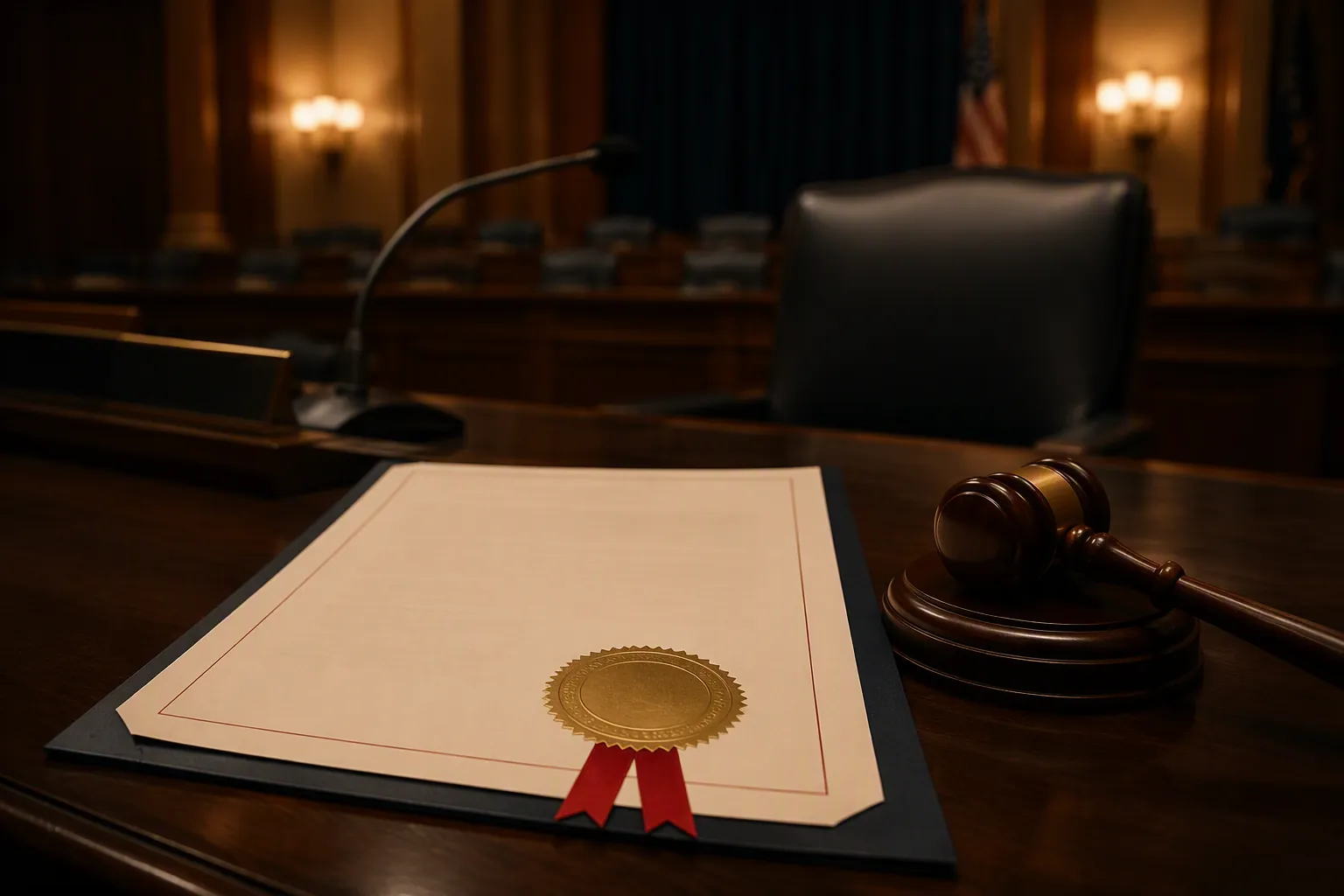 Presidential pardon document beside a gavel and witness microphone in a congressional hearing room
