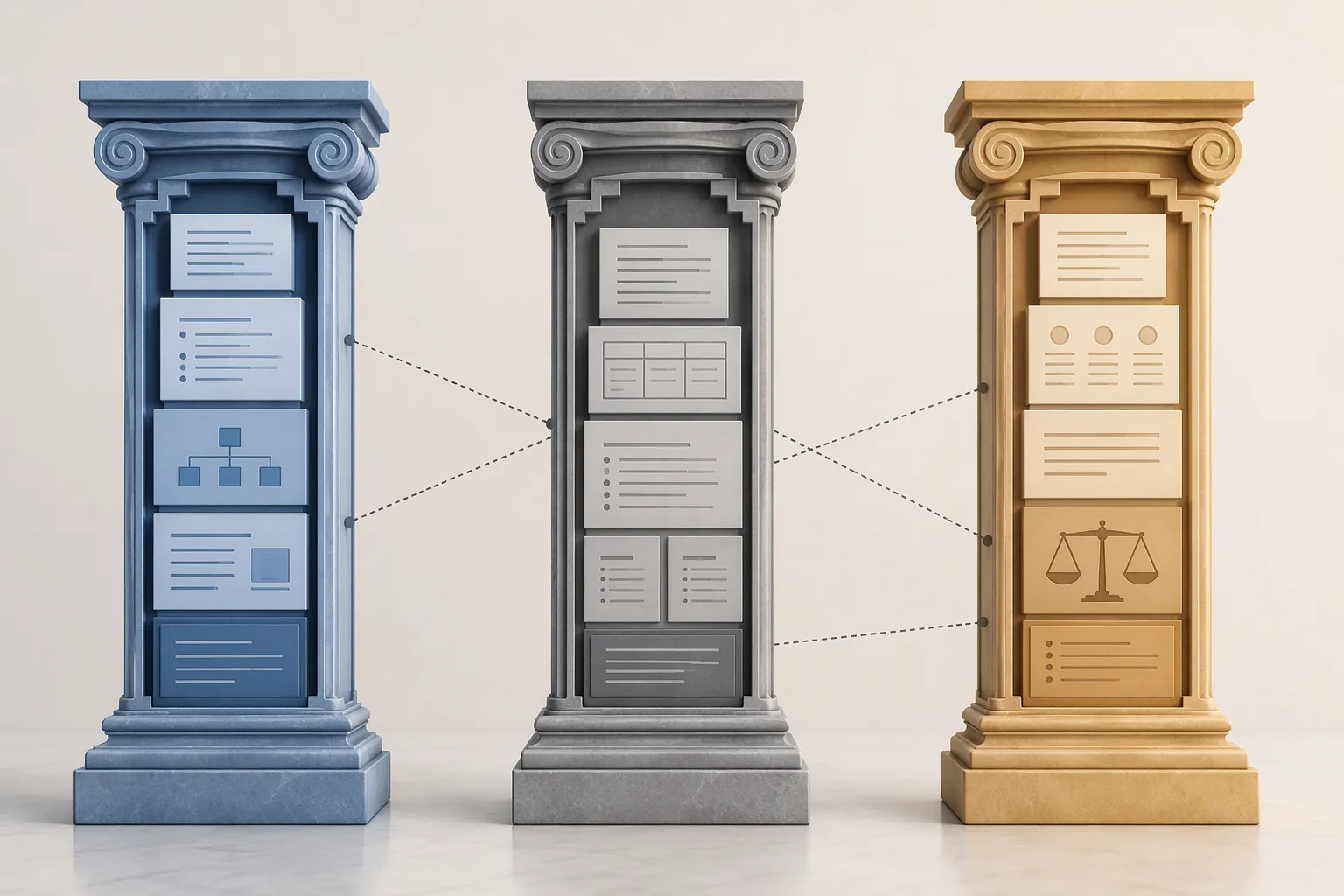 Three separate legal-framework pillars with an incorrect dotted line connecting elements across them