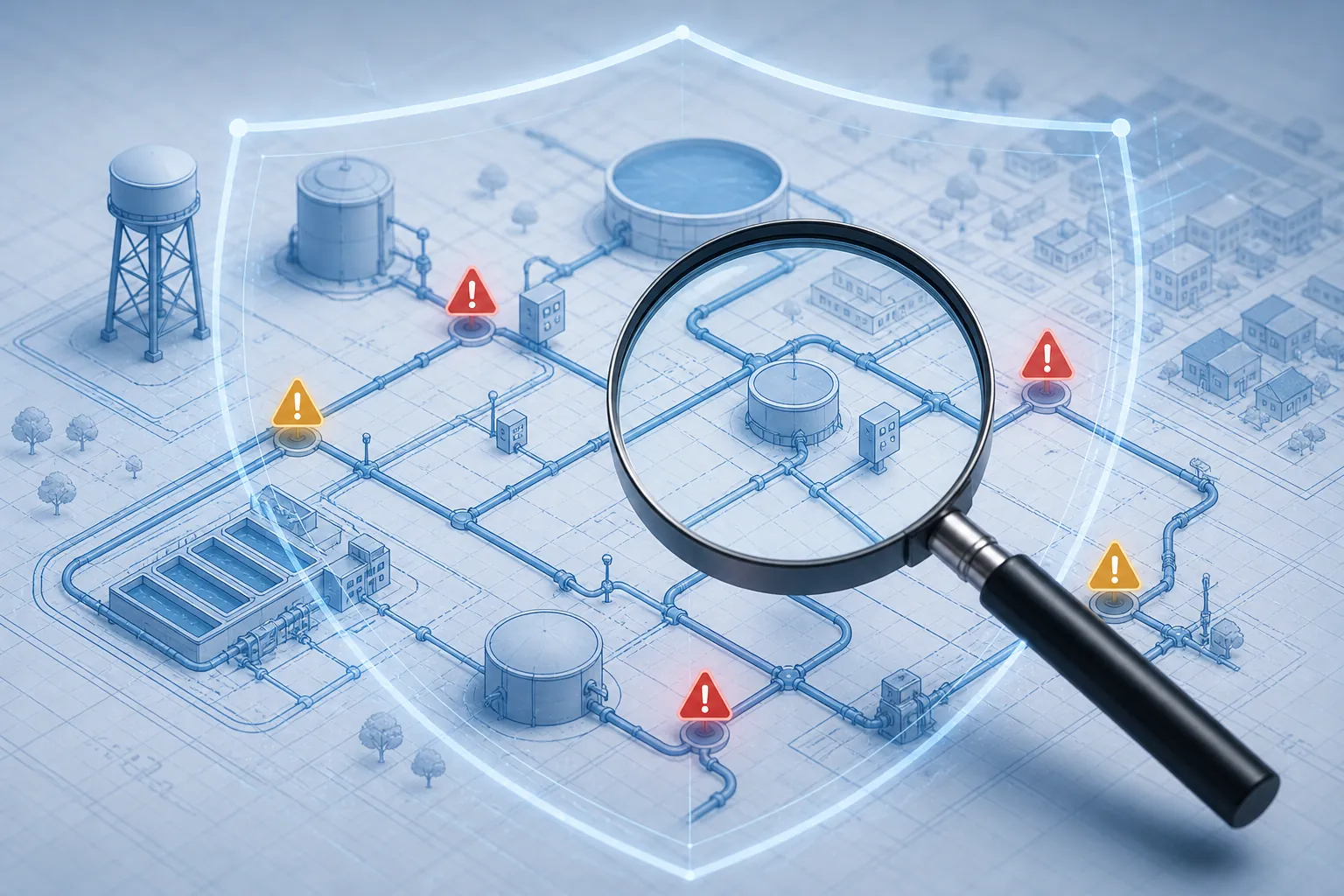 Magnifying glass over a municipal water network schematic with warning markers and a digital shield