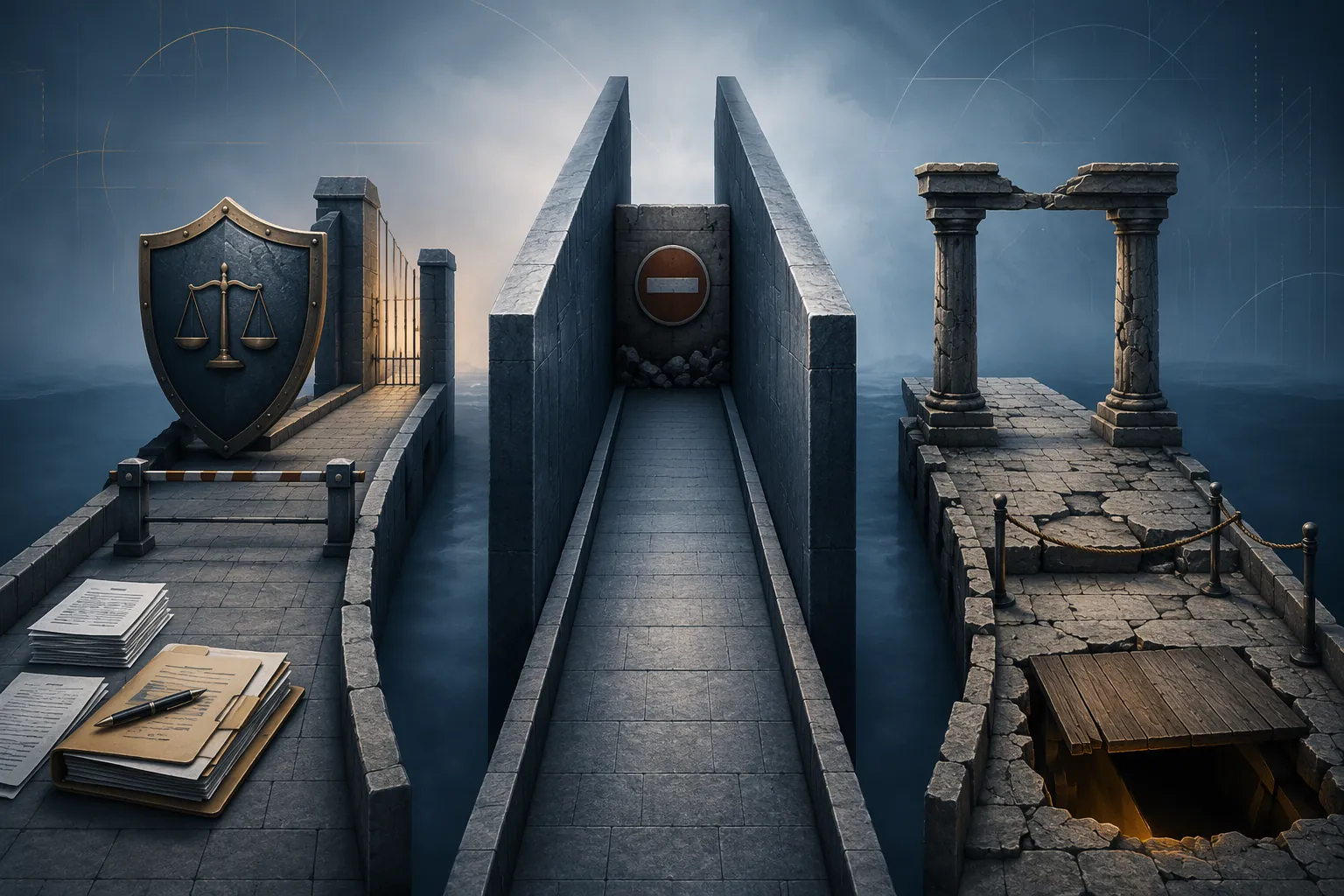 Three parallel legal pathways with administrative barriers, narrowing walls, and an unstable trapdoor