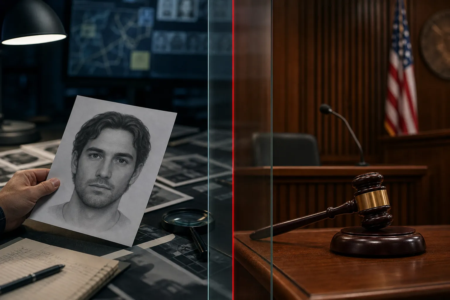 AI-generated facial composite separated from a courtroom scene by a red caution line