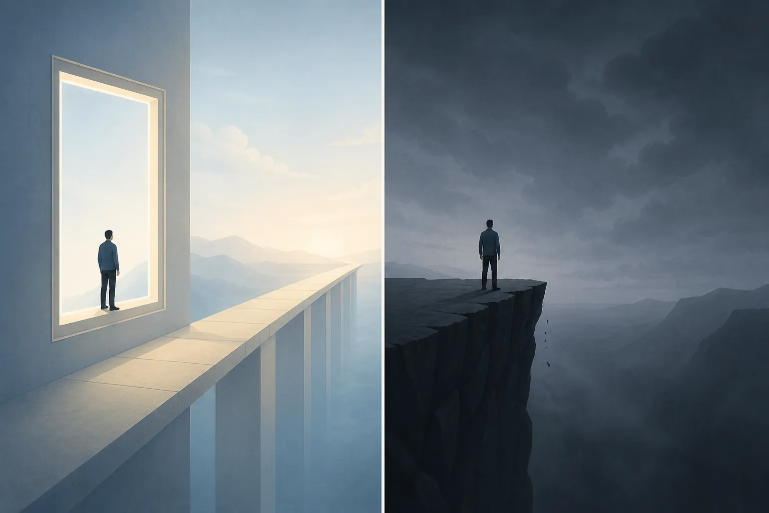 Two-panel comparison showing a worker inside a protected window on one side and at a cliff edge without a window on the other