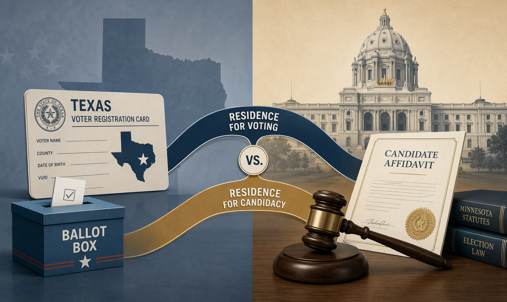 Split-screen illustration contrasting Texas voter registration with a Minnesota candidate affidavit and capitol silhouette