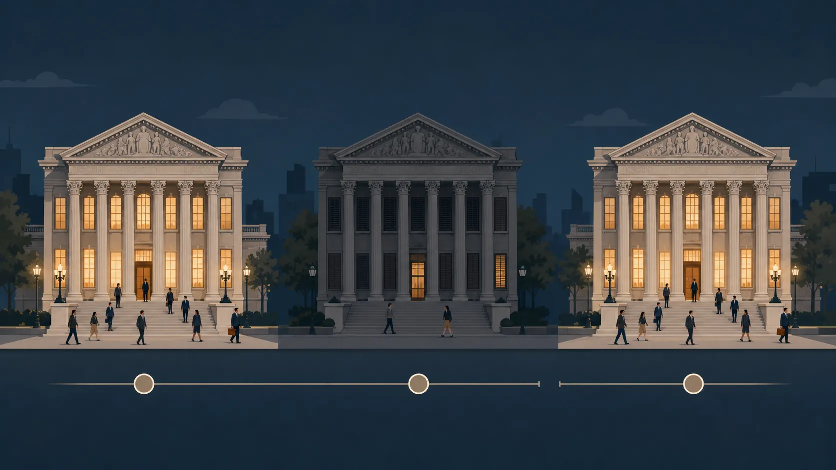 Courthouse shown fully lit, partially dark, and fully lit again across a funding-lapse timeline