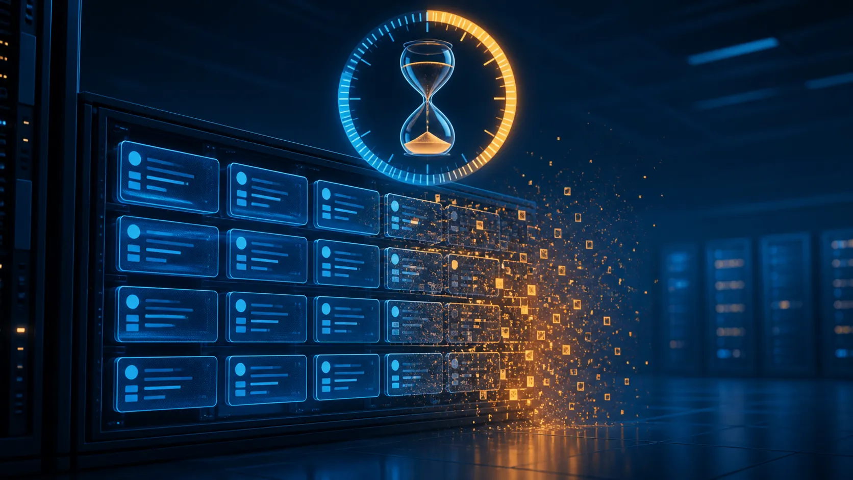Digital log entries dissolving under an hourglass to show short retention and deleted records that cannot be restored