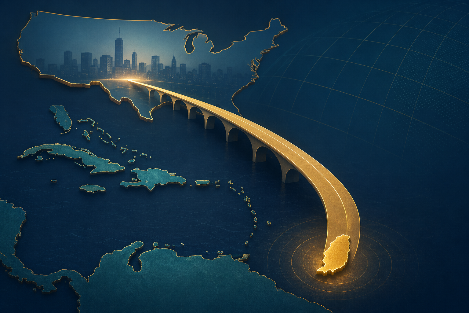 Stylized Caribbean map with Grenada highlighted and connected by a golden pathway to the United States