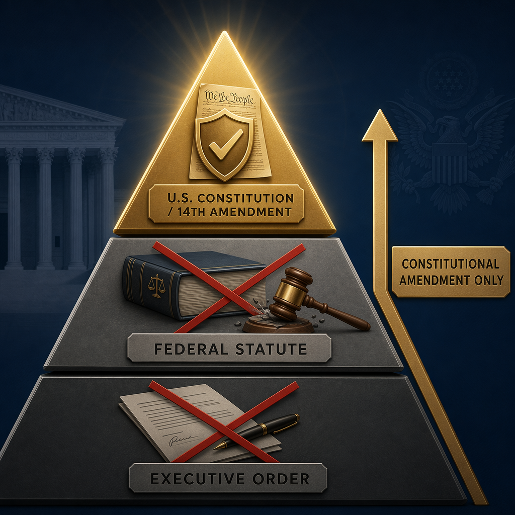 Legal hierarchy pyramid showing the 14th Amendment above statutes and executive orders