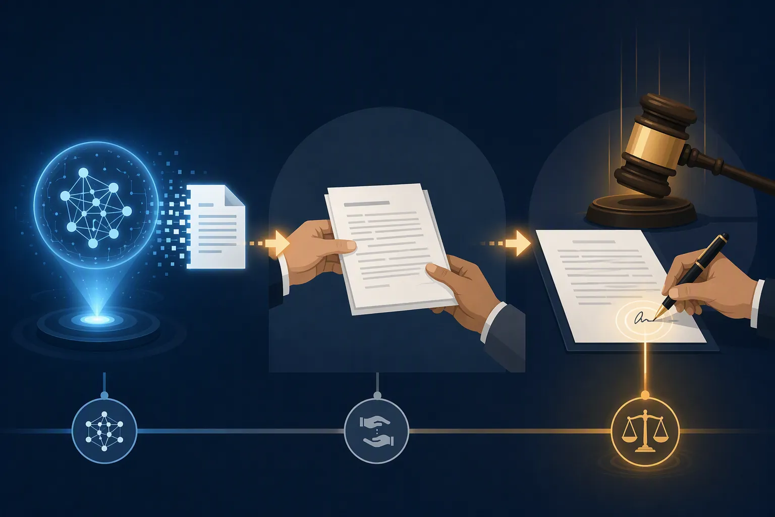 Diagram showing AI output, delegated drafting, a lawyer signing a brief, and a gavel marking the signature moment