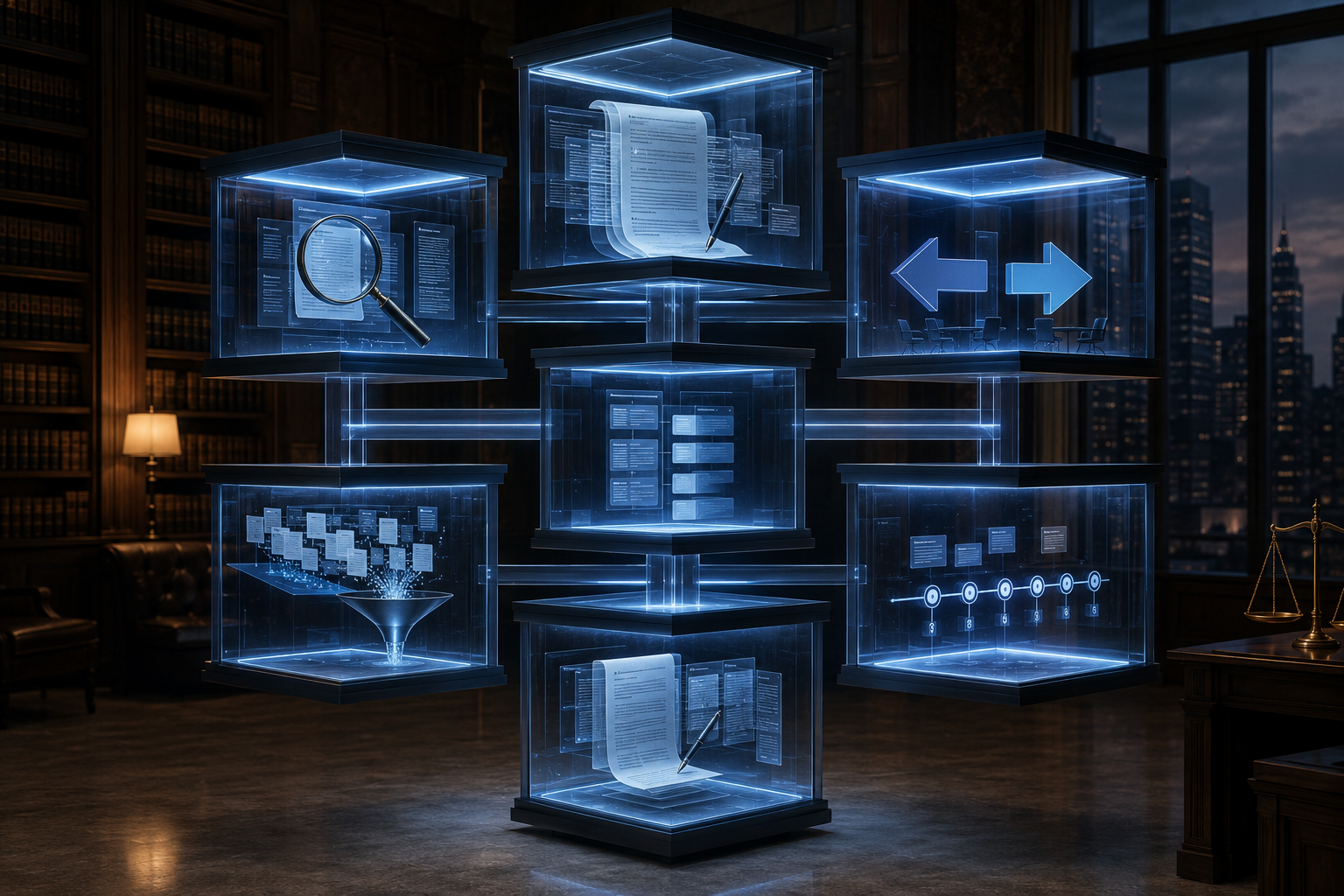 Seven interconnected legal workflow blocks in a law firm library