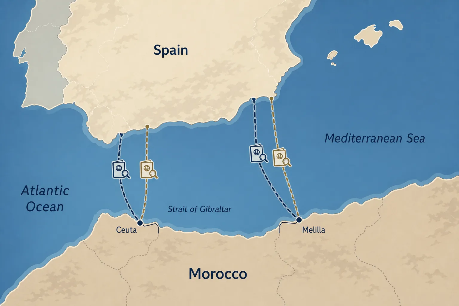 Ceuta and Melilla shown on the Moroccan coast with checked air and sea routes to mainland Spain