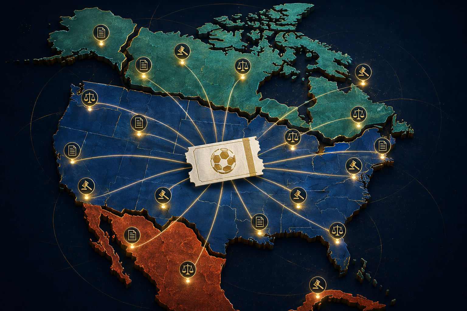 Fragmented North America map with 16 World Cup host city markers and legal symbols around a central ticket
