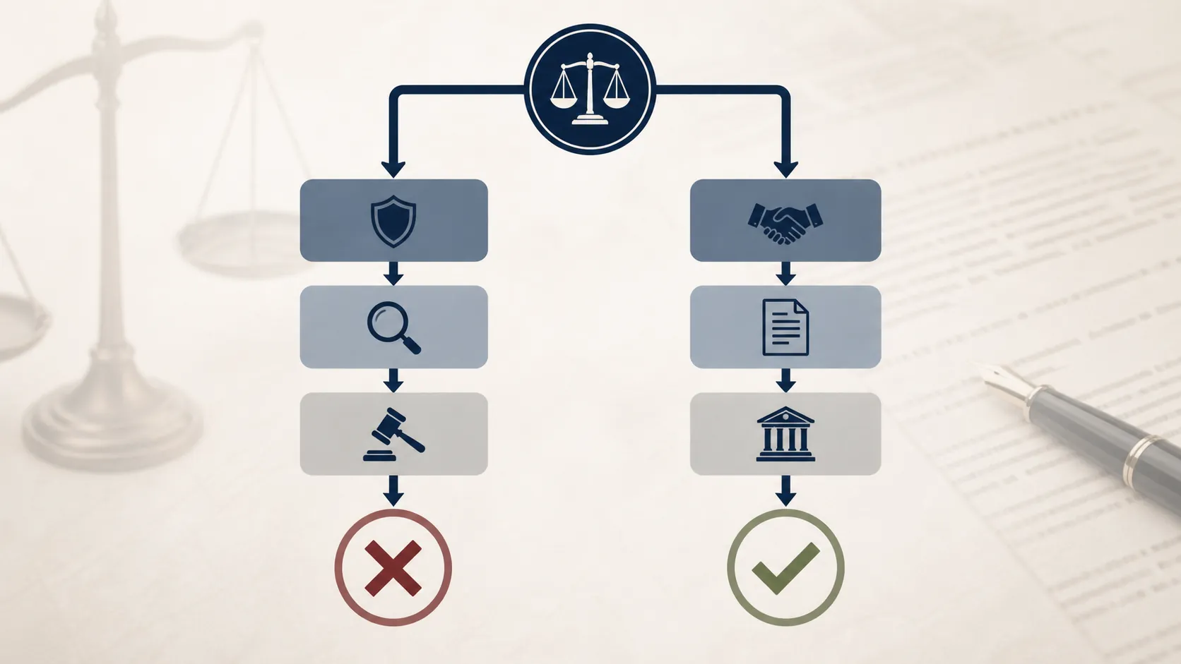 A comparison diagram showing one legal path ending in a red X and another ending in a green checkmark