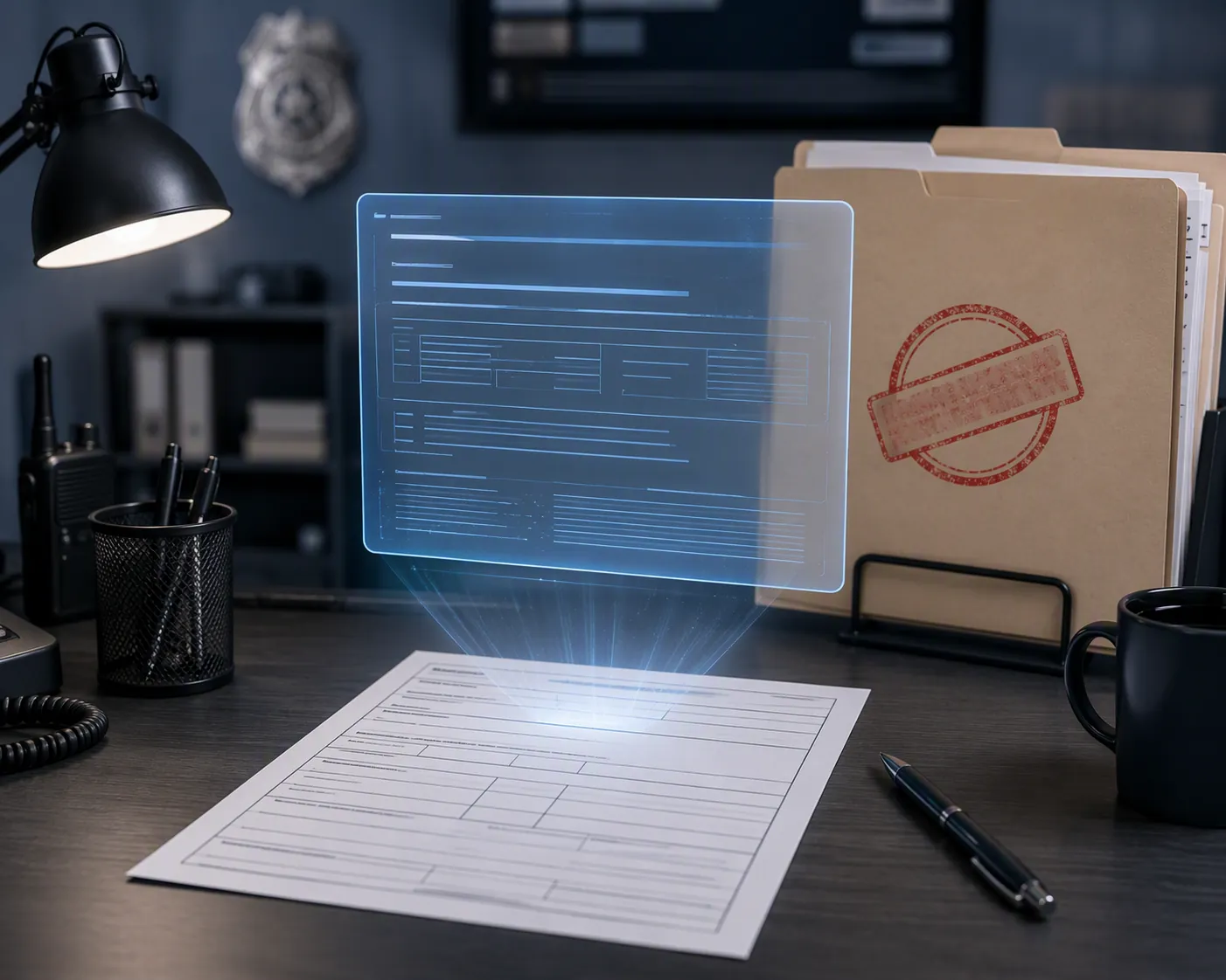 Blank police report form with a glowing automated drafting panel and a formal-review folder in the background