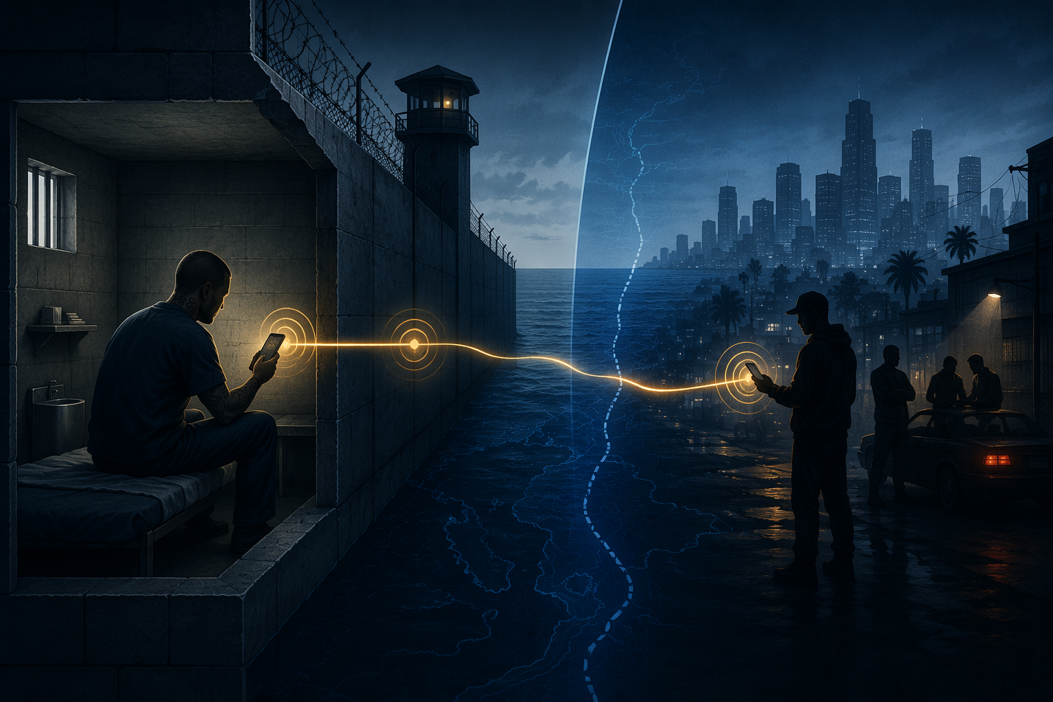 Cutaway illustration of a prison cell where an inmate holds a contraband smartphone sending a signal across a prison wall and ocean divide to operatives in the United States