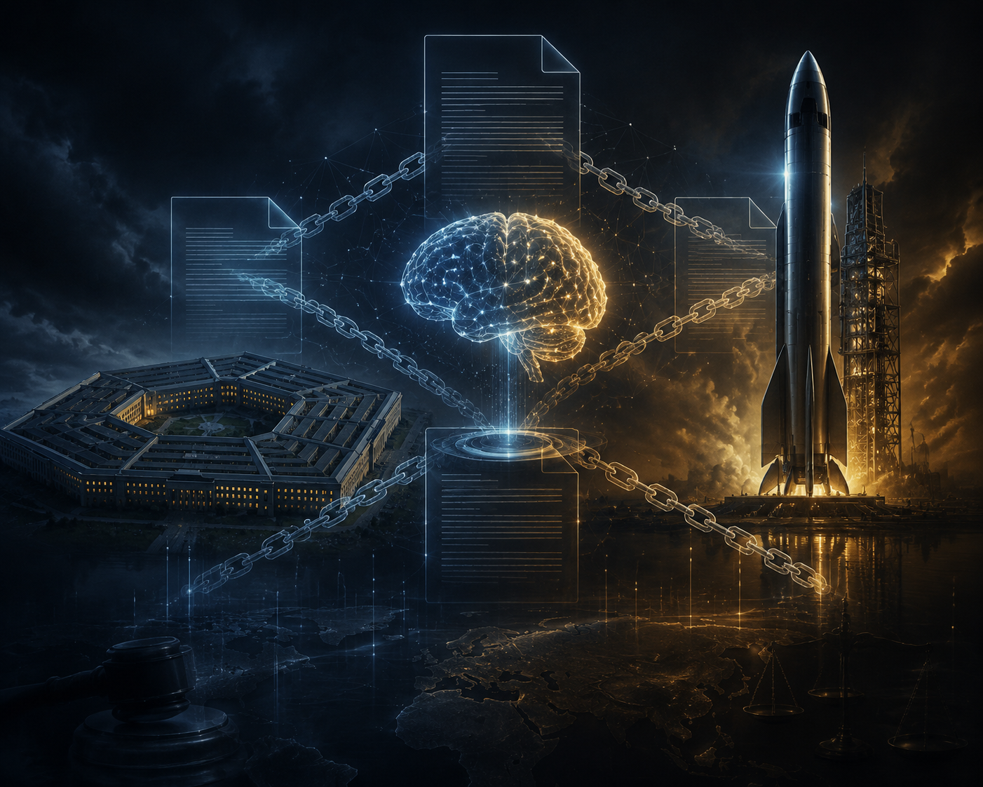 Pentagon silhouette, SpaceX rocket, AI hologram, chains, and legal document outlines